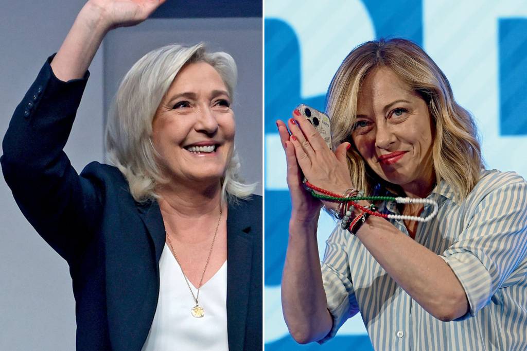 4783789430892 TRIUNFO - A francesa Le Pen e a italiana Meloni (à dir.): duas mulheres no comando da virada direitista europeia