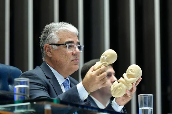 O senador Eduardo Girão (Novo-CE) segura dois “bonecos” representando fetos durante sessão no plenário do Senado destinada a discutir a resolução do Conselho Federal de Medicina que proibiu a assistolia fetal — procedimento usado na interrupção da gravidez nos casos de aborto previsto em lei — em casos de probabilidade de sobrevida do nascituro O senador Eduardo Girão (Novo-CE) segura dois
