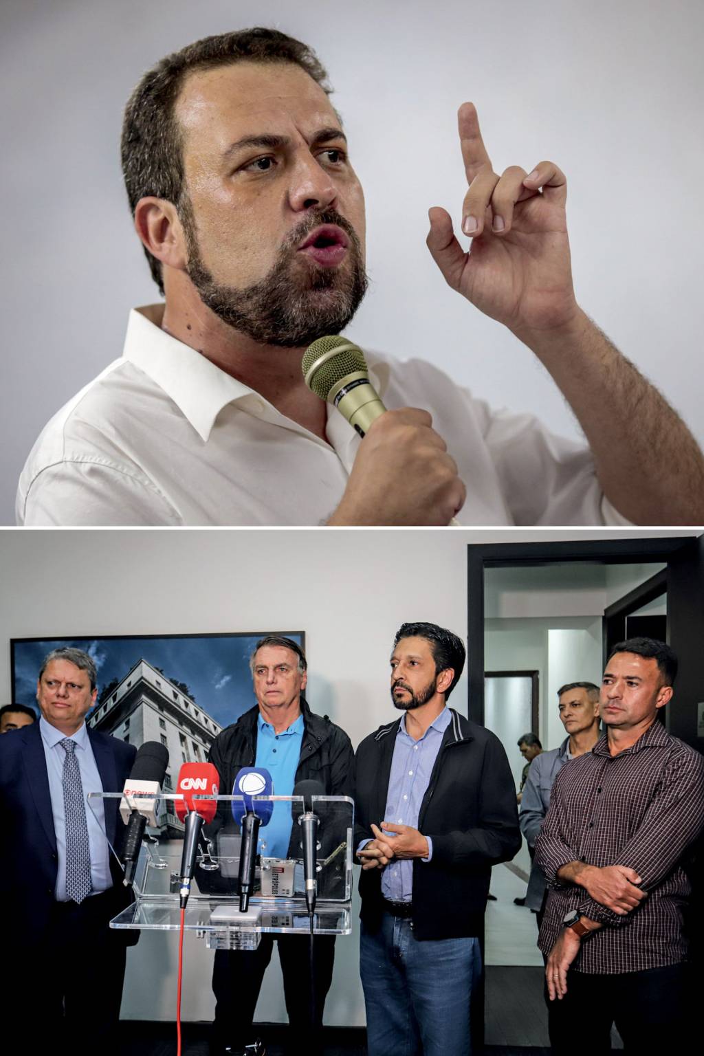 7328694394 AÇÃO E REAÇÃO - Boulos e, abaixo, Nunes, com Tarcísio, Bolsonaro e Mello: ninguém quer ficar para trás no tema