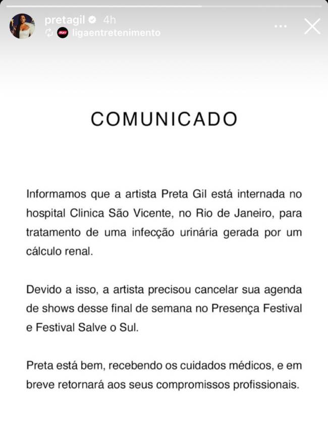 Imagem do WhatsApp de 2024-06-08 à(s) 16.04.32_156e0f36 Internação e cancelamento de shows: nota foi divulgada nas redes sociais de Preta Gil