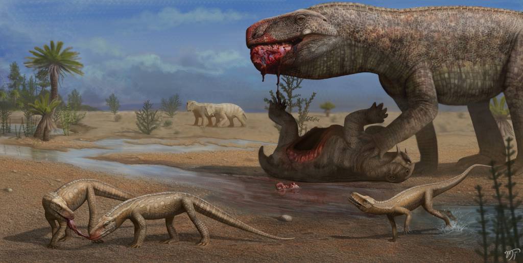 Paisagem do Triássico Médio-Superior do Sul do Brasil (por Matheus Fernandes Gadelha) PEQUENO PREDATOR - Triássico: ilustração coloca tamanho do animal em perspectiva