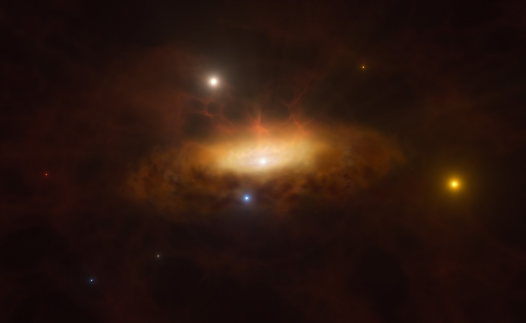 ARTE - Despertar: lustração mostra galáxia SDSS1335+0728 após despertar do buraco-negro central