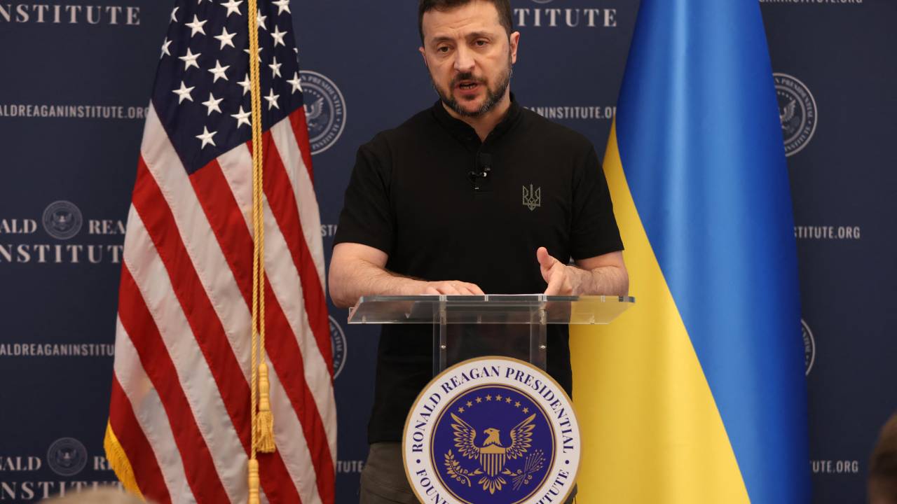 Ukrainian President Volodymyr Zelensky speaks at the Ronald Reagan Presidential Foundation and Institute in Washington, DC, on July 9, 2024. (Photo by SAMUEL CORUM / AFP)