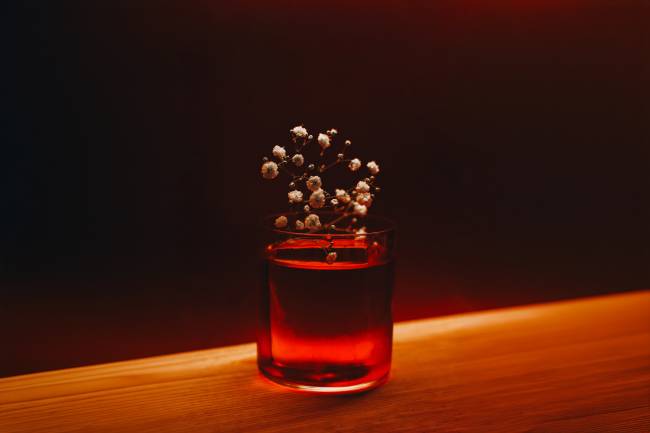 EXÍMIA_MYNAMEIS_CRÉDITO JULIANA PRIMON Coquetel Mynameis, feito com sloe gin, bourbon whiskey, Campari, vinho rosé, framboesa, abacaxi e yuzu -
