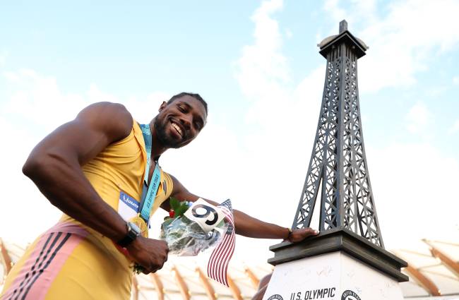 2024 U.S. Olympic Team Trials – Track & Field – Day 9 EUGENE, OREGON - JUNE 29: Gold medalist Noah Lyles poses with a miniature Eiffel Tower after winning the men's 200 meter final on Day Nine of the 2024 U.S. Olympic Team Track & Field Trials at Hayward Field on June 29, 2024 in Eugene, Oregon. (Photo by Christian Petersen/Getty Images)