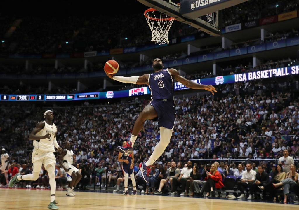 LONDON, ENGLAND - JULY 20: LeBron James of USA scores a basket during the 2024 USA Basketball Showcase match between USA and South Sudan at The O2 Arena on July 20, 2024 in London, England. (Photo by Henry Browne/Getty Images)