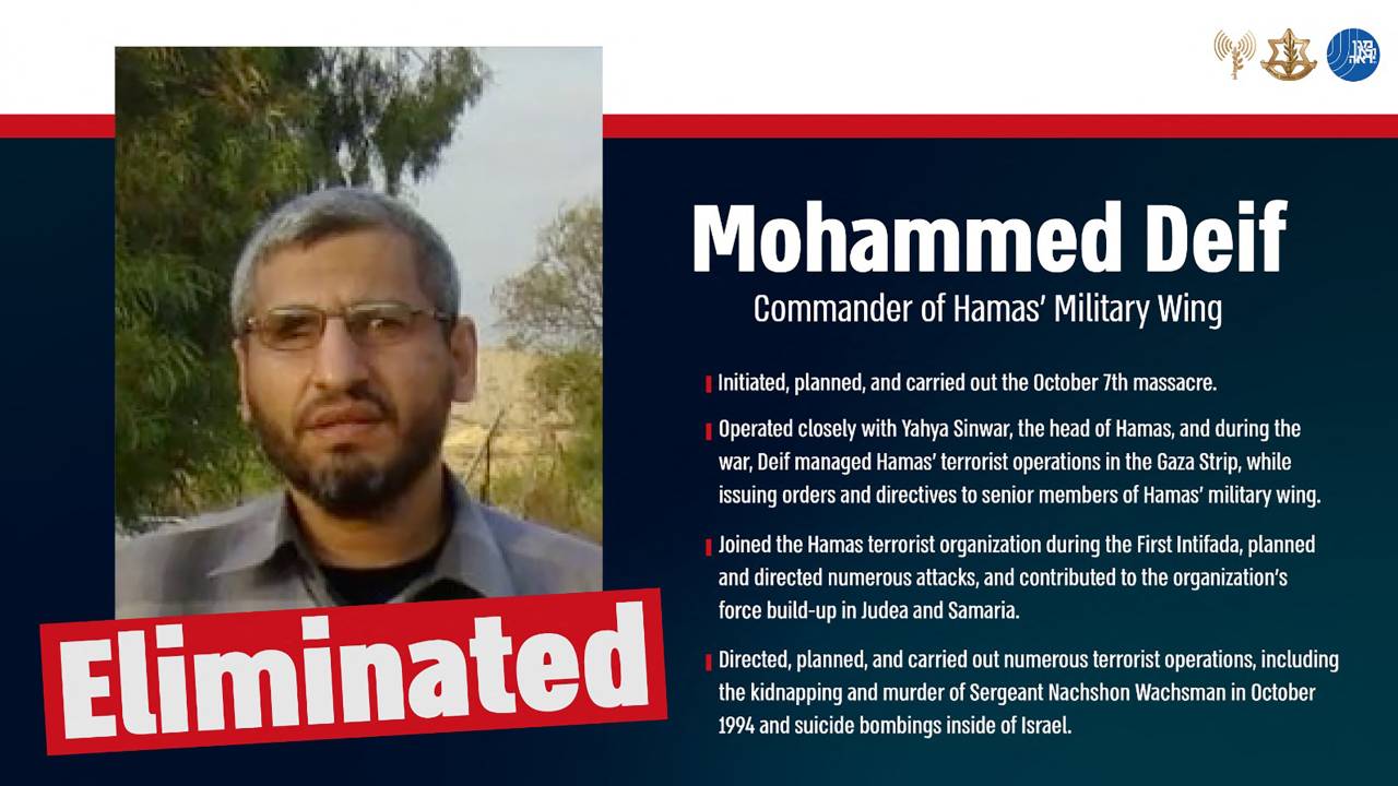 A handout image released by the Israeli army on August 1, 2024 shows an undated portrait of Mohammed Deif, the head of the Ezzedine al-Qassam Brigades, the military wing of the Palestinian militant group Hamas, at an undisclosed location. The Israeli military announced on August 1, 2024 that Hamas military commander Mohammed Deif had been killed in a strike it carried out last month in Gaza's southern area of Khan Yunis. (Photo by Israeli Army / AFP) / RESTRICTED TO EDITORIAL USE - MANDATORY CREDIT "AFP PHOTO / HO / Israeli Army" - NO MARKETING NO ADVERTISING CAMPAIGNS - DISTRIBUTED AS A SERVICE TO CLIENTS