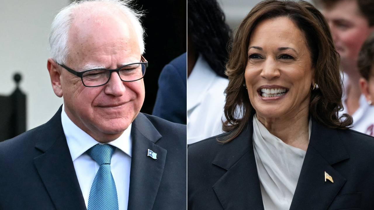 (COMBO) This combination of pictures created on August 2, 2024, shows US Vice President Kamala Harris in Washington, DC on July 22, 2024, and Governor of Minnesota Tim Walz in Washington, DC, July 3, 2024. Harris named Walz as her running mate on August 6, 2024, US media reported, as the vice president prepares to take on Republican Donald Trump in November's US election. (Photo by Jim WATSON and Chris Kleponis / AFP)
