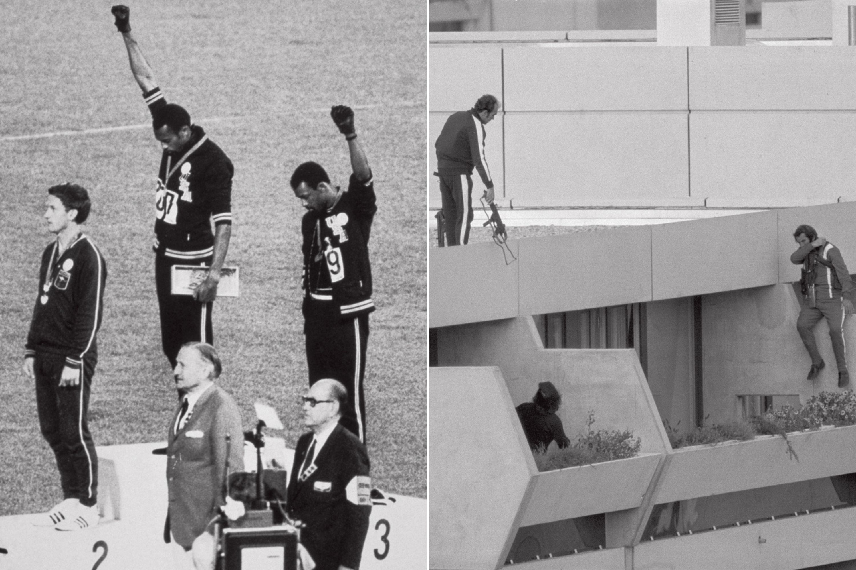 ESPELHO DA HIST&Oacute;RIA - Punhos erguidos dos &ldquo;panteras negras&rdquo; em 1968 (&agrave; esq.) e o ataque terrorista de 1972: pol&iacute;tica na veia