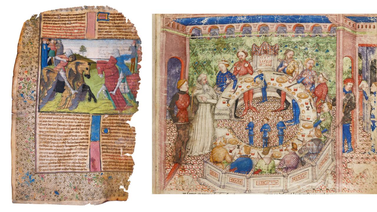 COLCHA DE RETALHOS - Manuscritos de Segurant, o Cavaleiro do Dragão, em um torneio (à esq.) e na Távola Redonda: peças reunidas para contar a aventura