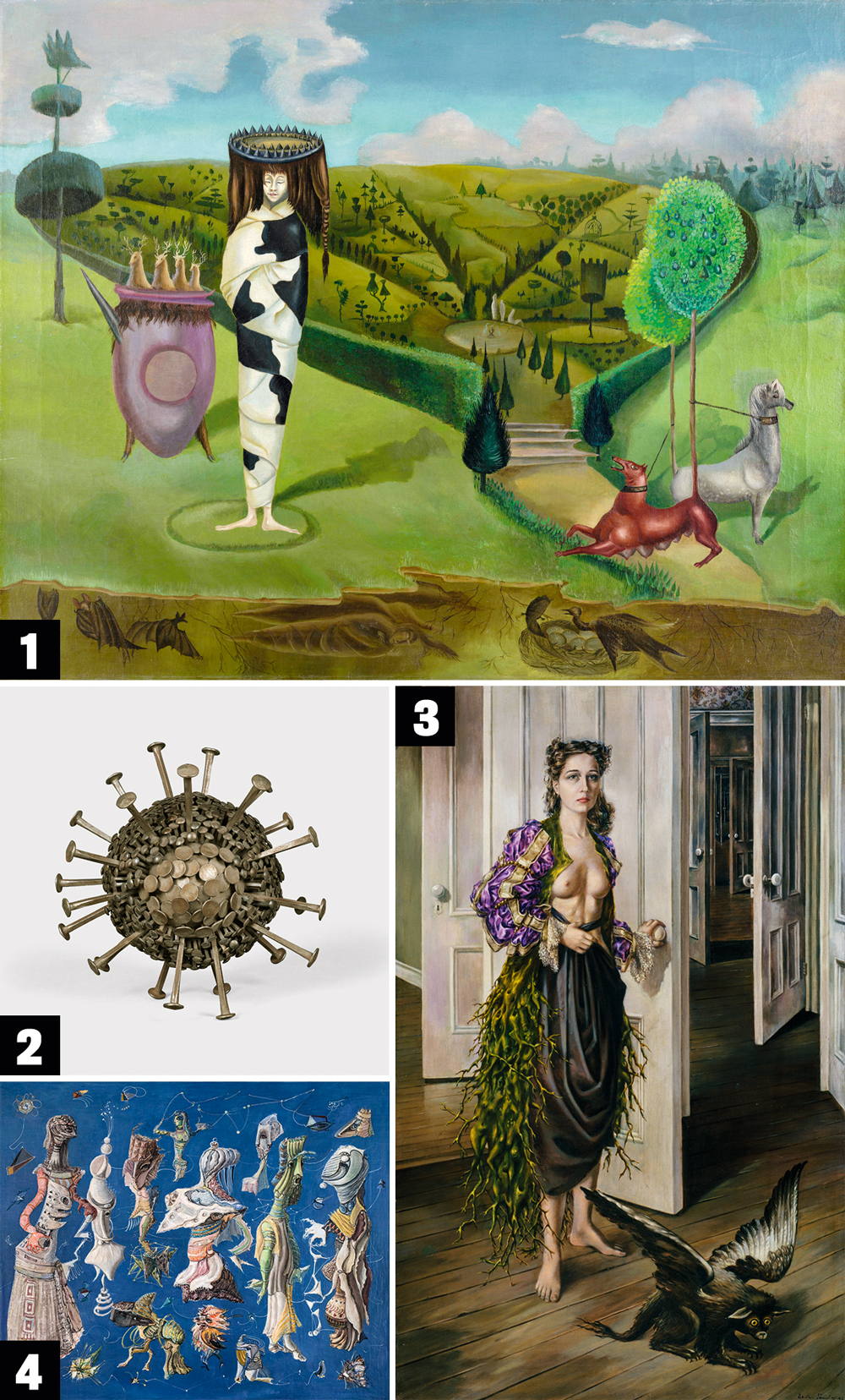 2D(4)-MAIS-DESTAQUE-Leonora-Carrington,-Green-Tea-(La-Dame-ovale),-1942.jpg OUSADIAS FEMININAS - O universo fantástico da britânica Leonora Carrington na tela Green Tea (1), a escultura que lembra um coronavírus, de Joyce Mansour (2), e as visões insólitas criadas pela americana Dorothea Tanning (3) e pela belga Suzanne van Damme (4): o surrealismo tinha seu lado machista, mas nenhum movimento da arte moderna abriu tanto espaço para as mulheres