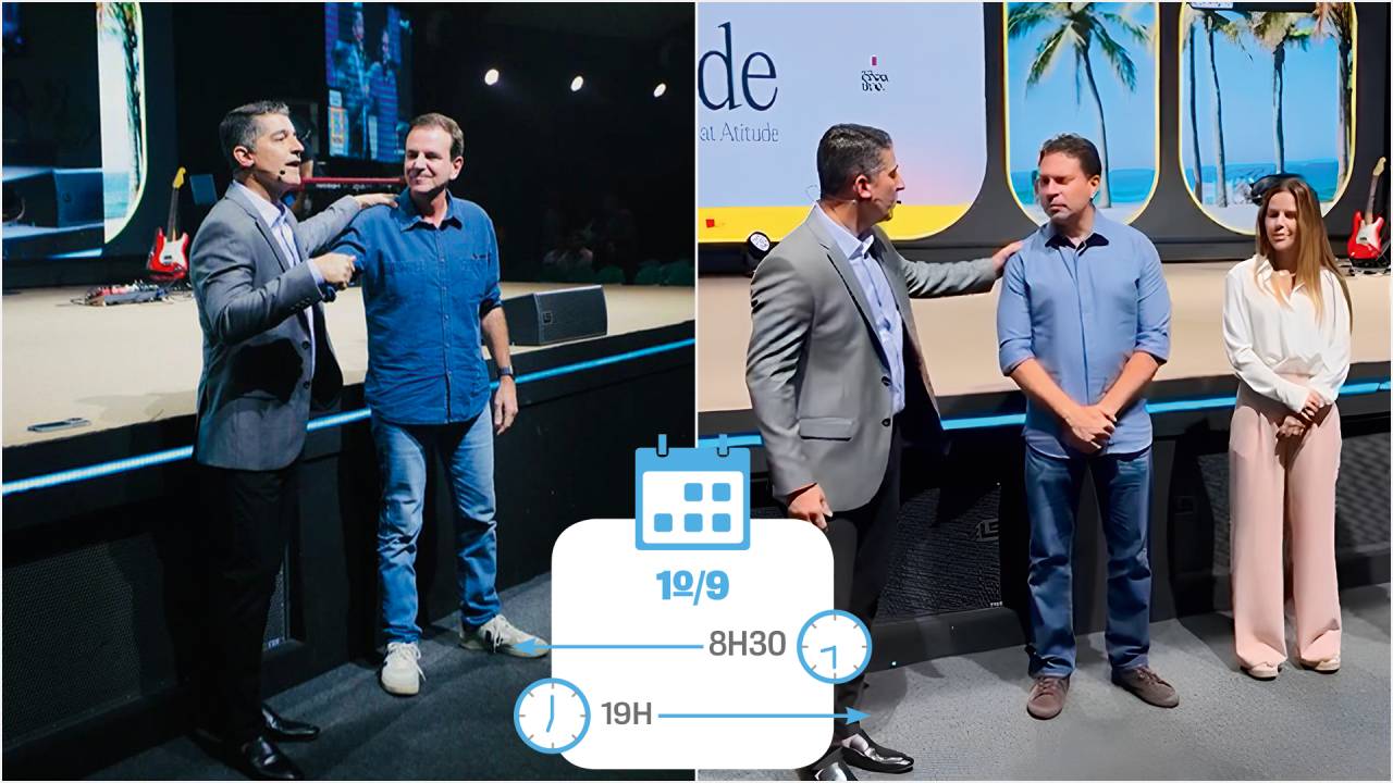 VERSATILIDADE - Valandro Jr. com os adversários Paes (à esq.) e Ramagem no mesmo dia: “Orar pelas autoridades está na Bíblia”