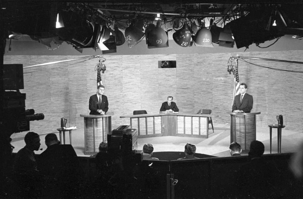 Richard Nixon and John F. Kennedy at Podiums During Debate (Original Caption) 10/7/1960-Washington, DC- This is a general view of the set for the second of the
