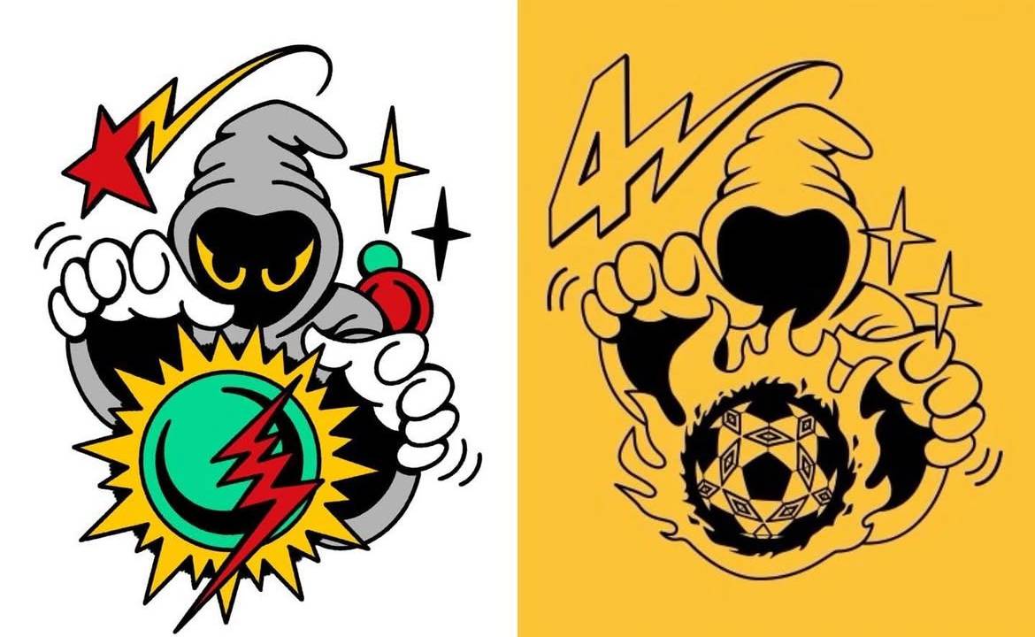 Arte de JIN (à esquerda) e design da collab Umbro x Podpah (à direita). 26/08/2024