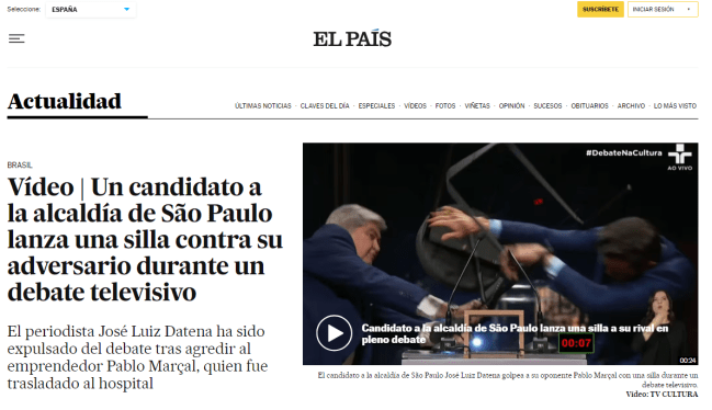 Reportagem do El País: 'Vídeo | Um candidato à prefeitura de São Paulo lança uma cadeira contra seu adversário durante um debate televisivo'