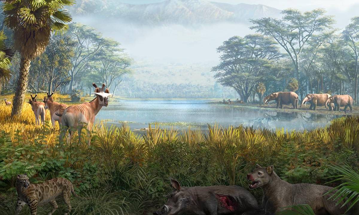 Reconstrução paleoecológica representando o ecossistema local e a fauna extinta no sítio paleontológico de Els Casots, na Espanha, datado em 16 milhões de anos