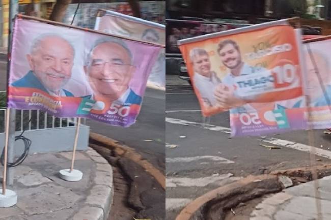 Peças de campanha pela Prefeitura de Belém do atual prefeito, Edmilson Rodrigues (PSOL), e do candidato do Republicanos, Thiago Araújo, usam imagens do presidente Lula e do goverandor de São Paulo, Tarcísio de Freitas, respectivamente Peças de campanha pela Prefeitura de Belém do atual prefeito, Edmilson Rodrigues (PSOL), e do candidato do Republicanos, Thiago Araújo, usam imagens do presidente Lula e do goverandor de São Paulo, Tarcísio de Freitas, respectivamente