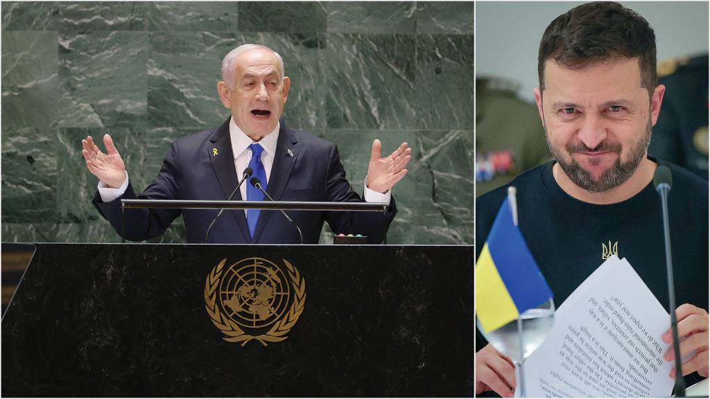 000_36H46F9 PERDAS E GANHOS - Tensão externa: Netanyahu torce por Trump, que compartilha suas posições duras, enquanto Zelensky (à dir.) conta com a vitória de Harris para que o fluxo de dólares na guerra contra a Rússia não seque