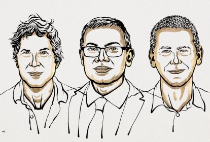 Da esquerda para a direita, David Baker, Demis Hassabis e John Jumper.