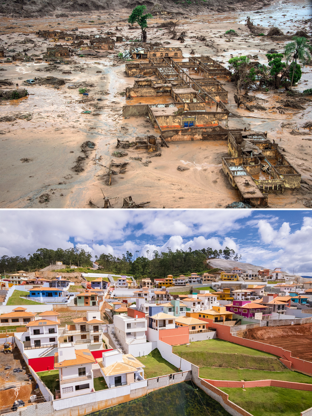 2Da—000_Mvd6726801.jpg RECONSTRUÇÃO - Parte da área atingida pelo desastre, em 2015 e hoje: o episódio provocou dezenove mortes e destruiu a vida de milhares de famílias