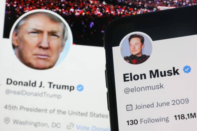 Donald Trump And Elon Musk Twitter Photo Illustrations Donald Trump Twitter account displayed on a laptop screen and Elon Musk Twitter account displayed on a phone screen are seen in this illustration photo taken in Krakow, Poland on November 22, 2022. (Photo by Jakub Porzycki/NurPhoto via Getty Images)