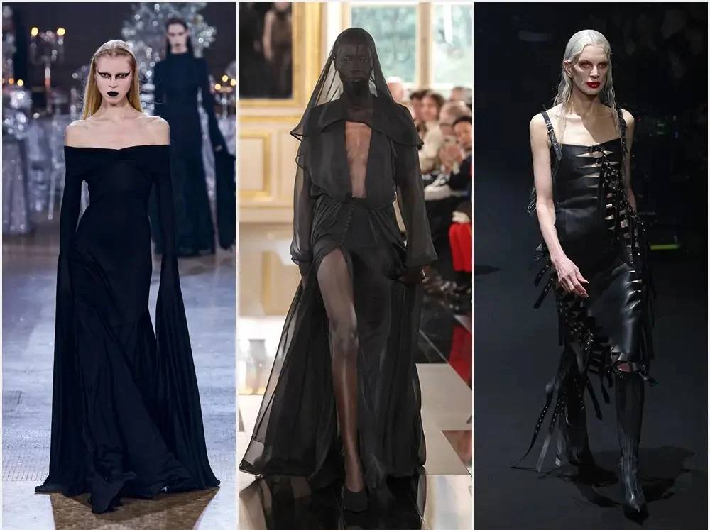 Moda gótica: Desfiles da Rodarte, Valentino e Mugler (acima, da esq. para a dir.): inspirações das passarelas para o Halloween