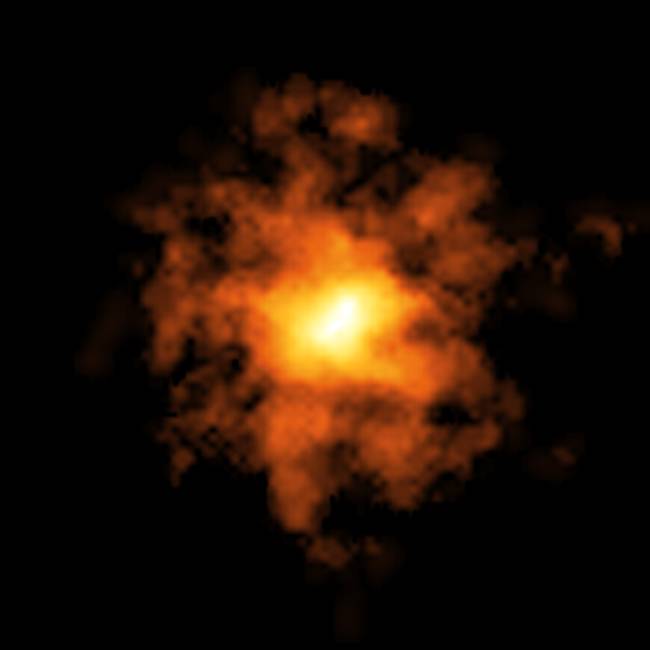 ALMA image of the cold gas in REBELS-25 This image of the galaxy REBELS-25 was taken by the Atacama Large Millimeter/submillimeter Array (ALMA), an international facility co-owned by ESO. It shows how cold gas is distributed in the galaxy, and exhibits hints of an elongated bar structure at its centre.