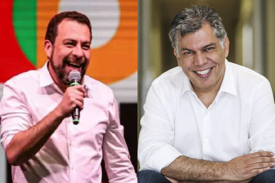 O deputado federal Guilherme Boulos (PSOL), candidato à prefeitura de São Paulo em 2024, e o marqueteiro Lula Guimarães