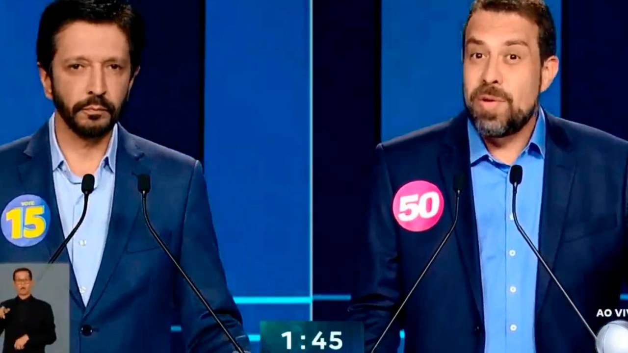 Ricardo Nunes (MDB) e Guilherme Boulos (PSOL) no debate da Record TV em 19 de outubro -