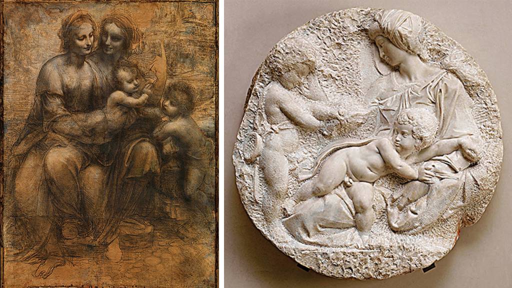2—key-17 VERSÕES - Acima, o 'Tondo Taddei', de Michelangelo; à esq., a mesma cena da Virgem Maria com Jesus e São João Batista pintada por Da Vinci: disputa acirrada até nos detalhes
