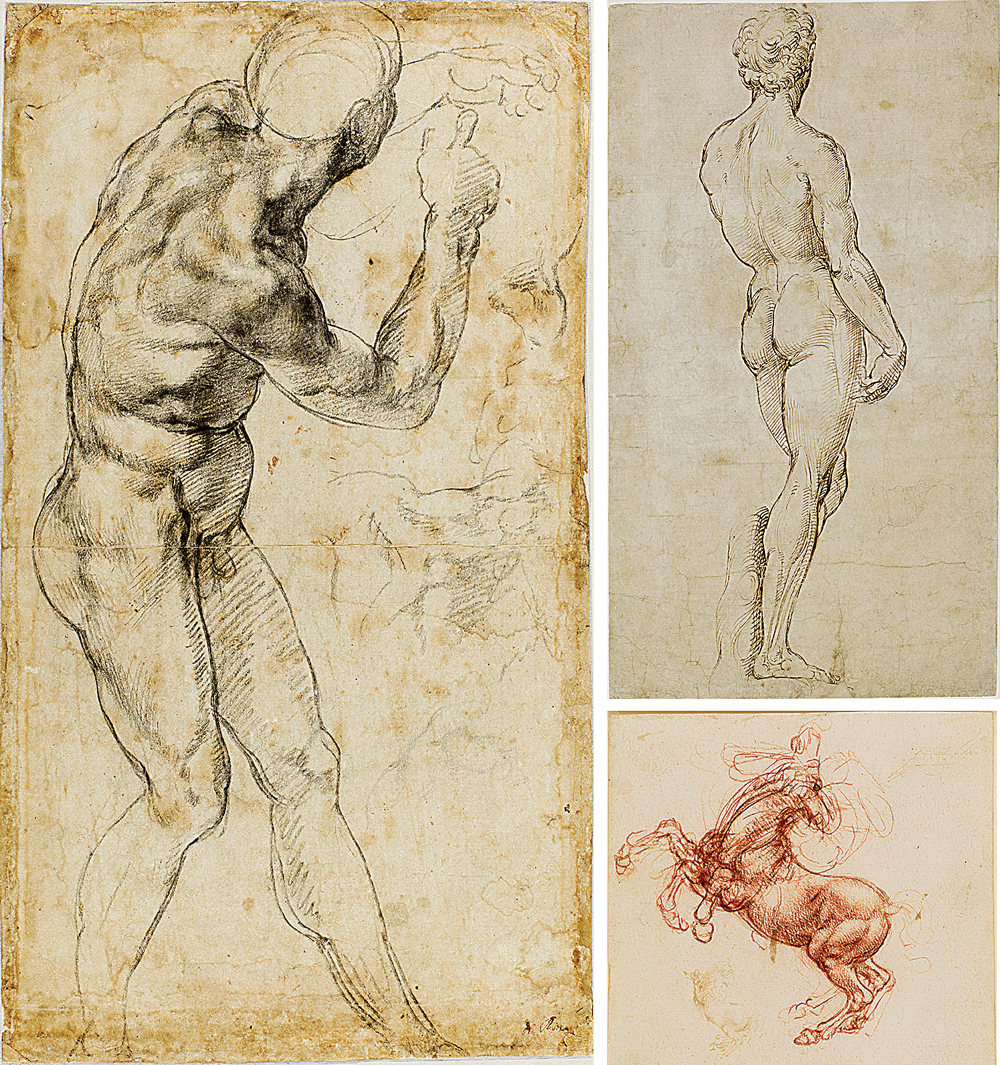 4—key-42 DESENHOS VALIOSOS - Os nus de Michelangelo e Rafael (acima) e o esboço do cavalo por Da Vinci: visões de arte distintas que lutavam por espaço, influência e grana
