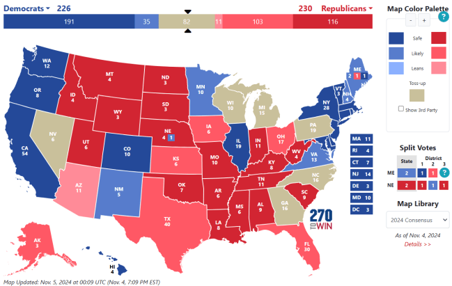 Mapa EUA eleições No mapa das eleições nos EUA, os estados pintados de vermelho provavelmente terão uma vitória de Donald Trump e os azuis, de Kamala Harris. Os estados em cinza estão em disputa. -