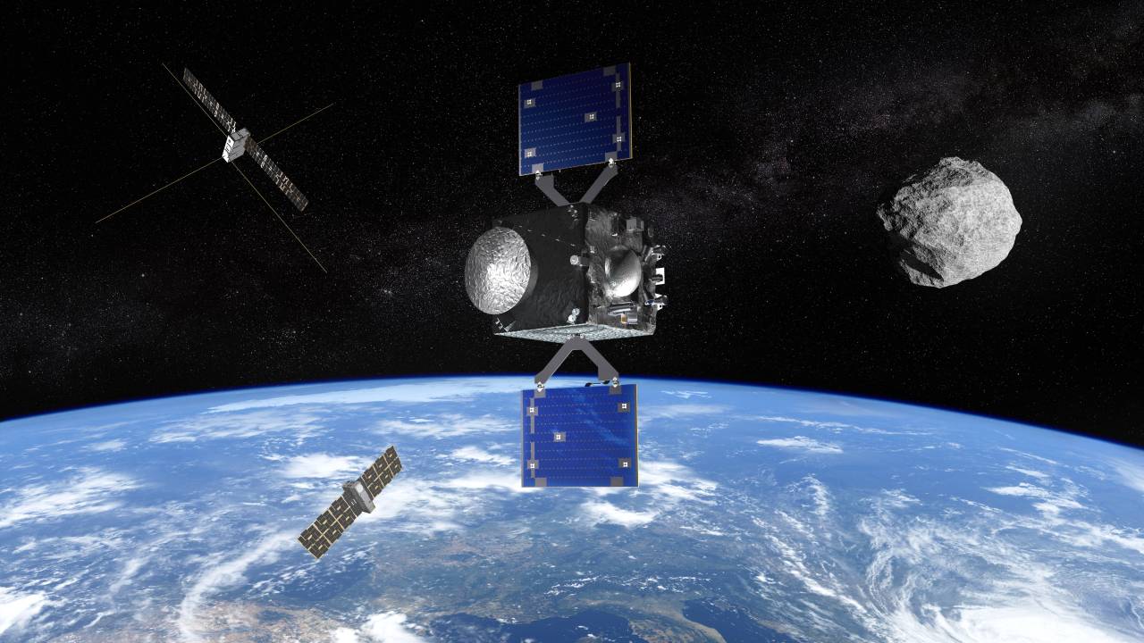 Ilustração da sonda Ramses acompanhando o asteroide Apophis durante sua aproximação da Terra em 2029