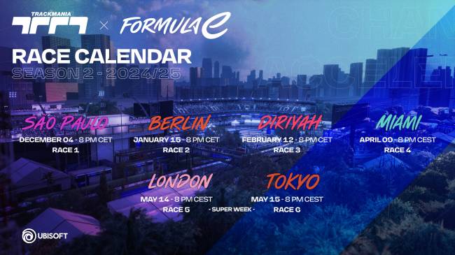 General_Calendar_S2 Calendário da competição de Fórmula E no jogo Trackmania, da Ubisoft -