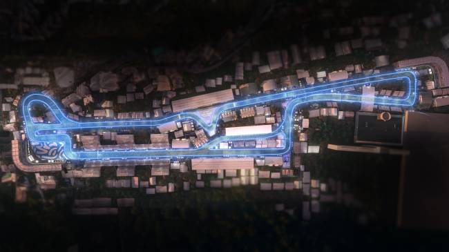 SaoPaulo_BirdView_AI Visto de cima: representação artística do traçado do Circuito Sambódromo do Anhembi, da Fórmula E, no jogo Trackmania -