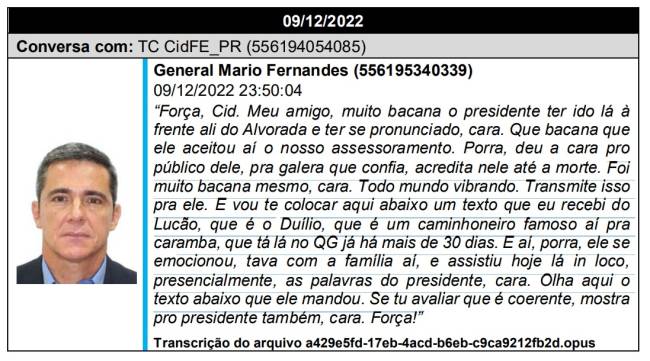 WhatsApp Image 2024-11-20 at 12.44.32 Trecho de mensagem enviada por Mário Fernandes a Mauro Cid