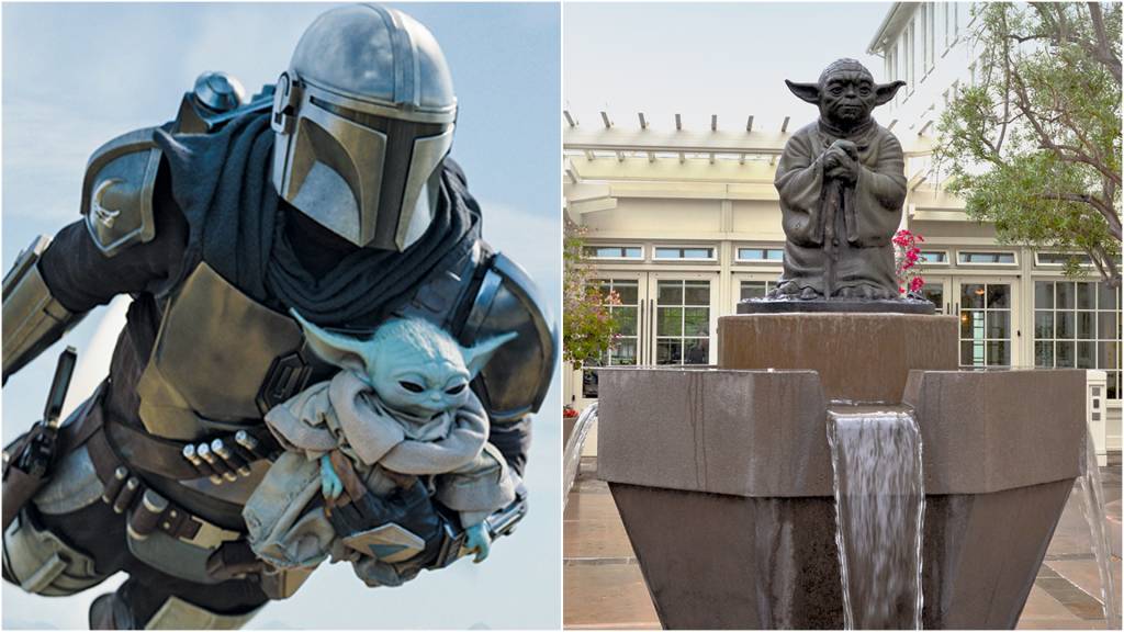 2D-(1)SERIE—MANDALORIAN-u.jpeg INOVAÇÃO - Cena de 'The Mandalorian' (à esq.) e estátua do Yoda na entrada do ILM em São Francisco: centro criativo