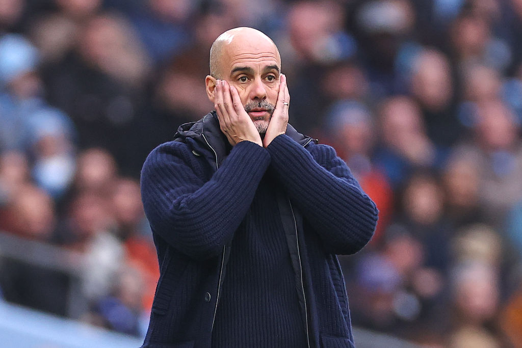 MANCHESTER, ENGLAND - DECEMBER 26: Pep Guardiola manager of Manchester City reacts during the Premier League match between Manchester City FC and Everton FC at Etihad Stadium on December 26, 2024 in Manchester, England. (Photo by Robbie Jay Barratt - AMA/Getty Images)