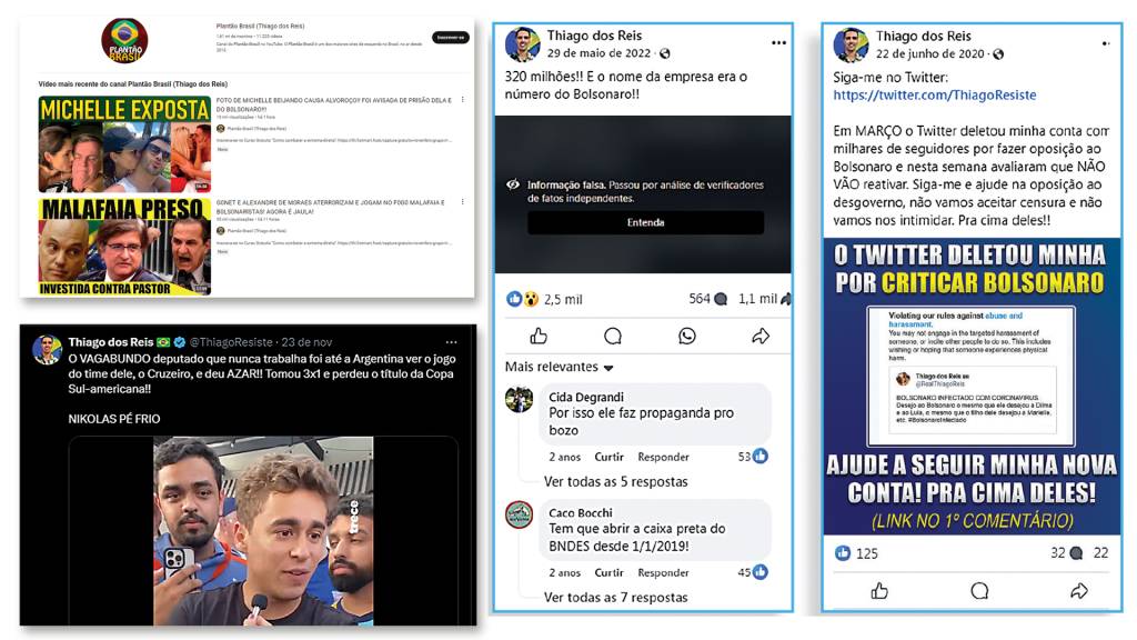 Montagem-redes MEUS VALORES - Exemplos de posts: o influenciador petista tem 3 milhões de seguidores, ataca os adversários do governo e do partido, não poupa xingamentos, já teve publicações apagadas por serem mentirosas e sua conta numa rede social foi cancelada, o que ele classificou como “censura”