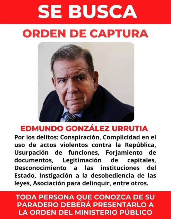 VENEZUELA-POLITICS-POLICE-OPPOSTITION-GONZALEZ URRUTIA Handout image released by Venezuela's Scientific, Penal, and Criminalistic Investigation Service Corps (CICPC) through their Instagram account showing a picture of exiled opposition candidate Edmundo Gonzalez Urrutia with the word