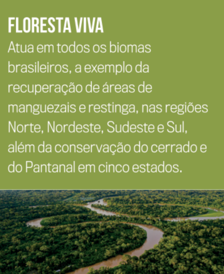Design sem nome (3) Atua em todos os biomas brasileiros, a exemplo da recuperação de áreas de manguezais e restinga, nas regiões Norte, Nordeste, Sudeste e Sul, além da conservação do cerrado e do Pantanal em cinco estados.