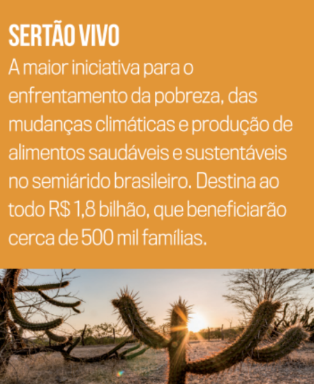 Design sem nome (4) A maior iniciativa para o enfrentamento da pobreza, das mudanças climáticas e produção de alimentos saudáveis e sustentáveis no semiárido brasileiro. Destina ao todo R$ 1,8 bilhão, que beneficiarão cerca de 500 mil famílias.