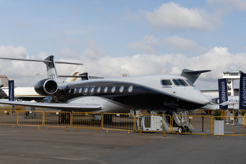 A Gulfstream G700 business jet, manufactured by Gulfstream Aerospace Corp., a unit of General Dynamics Corp., on display during the Singapore Airshow in Singapore, on Wednesday, Feb. 21, 2024. The Singapore Airshow is Asia's most influential aerospace and defense exhibition. Photographer: SeongJoon Cho/Bloomberg via Getty Images