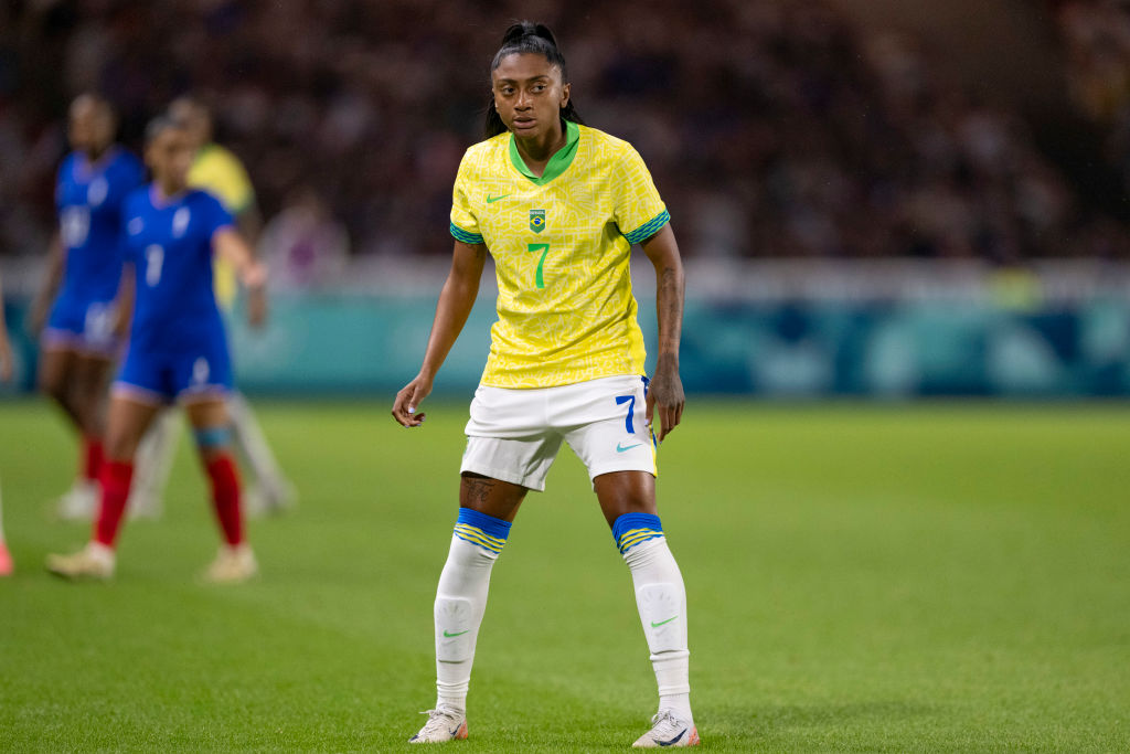 NANTES, FRANCE - AUGUST 3: Kerolin Nicoli of Brazil looks on during the Women's Quarterfinal match between France and Brazil during the Olympic Games Paris 2024 at Stade de la Beaujoire on August 3, 2024 in Nantes, France. (Photo by Richard Callis/Eurasia Sport Images/Getty Images)