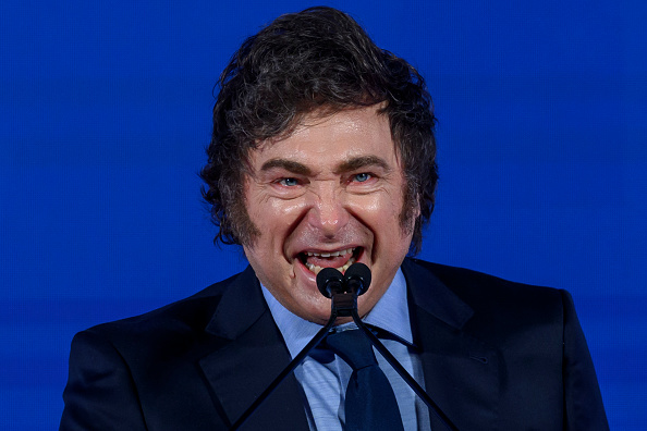 O presidente argentino Javier Milei durante discurso em Roma, na Itália. 14/12/2024