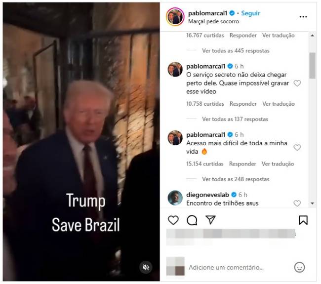 pablo-marçal-donald-trump-comentarios-instagram Publicação no Instagram de Pablo Marçal (PRTB) ao lado do presidente dos Estados Unidos, Donald Trump