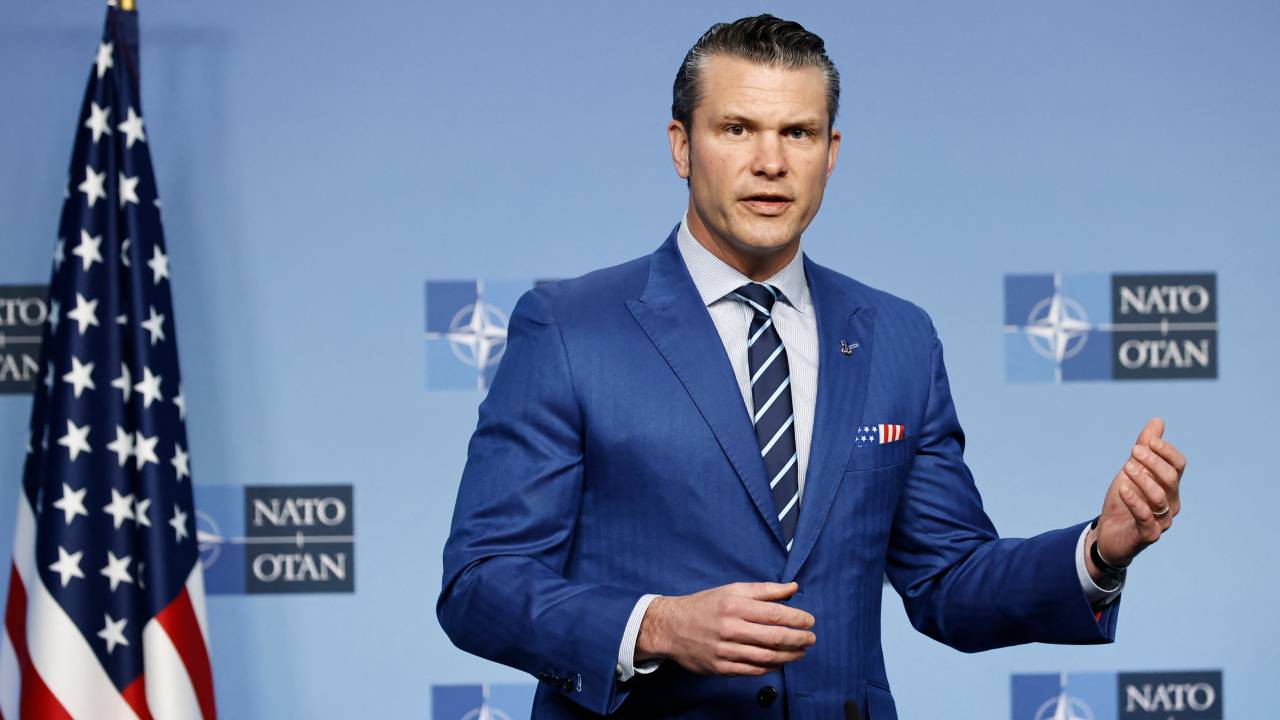 US Defense Secretary Pete Hegseth addresses the press prior to The North Atlantic Treaty Organisation (NATO) Ministers of Defence meeting at NATO Headquarters in Brussels, on February 13, 2025. (Photo by SIMON WOHLFAHRT / AFP)