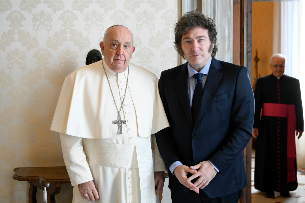 VATICAN CITY, VATICAN - FEBRUARY 12: (EDITOR NOTE: STRICTLY EDITORIAL USE ONLY - NO MERCHANDISING) Pope Francis meets with Argentina's President Javier Milei during an audience at the Apostolic Palace on February 12, 2024 in Vatican City, Vatican. President Javier Milei has been in Rome since Saturday for the canonisation of Argentina's first female saint María Antonia de San José de Paz y Figueroa, known as “Mama Antula”, presided by Pope Francis on yesterday in St. Peter’s Basilica. (Photo by Vatican Pool/Getty Images)