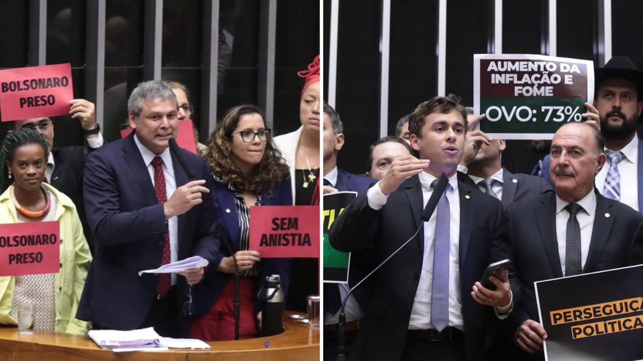 Deputados governistas e de oposição se manifestaram com cartazes na tribuna da Câmara, em Brasília, na sessão da quarta-feira, um dia após a PGR oferecer denúncia contra o ex-presidente Jair Bolsonaro e mais 33 aliados por golpe de estado e outros crimes