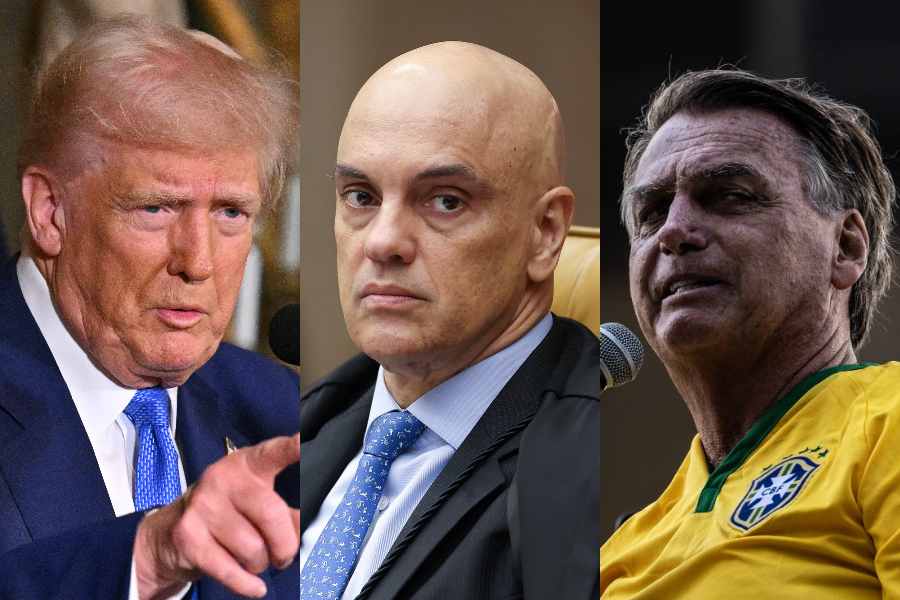 O presidente dos Estados Unidos, Donald Trump; o ministro Alexandre de Moraes, do Supremo Tribunal Federal (STF); e o ex-presidente do Brasil, Jair Bolsonaro